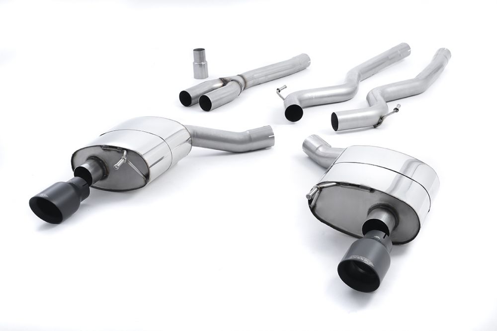 Milltek Sport exhaust system parts for 2015-2018 Ford Mustang 2.3 EcoBoost (part SSXFD176): pipework, silencers and black tailpipe tips