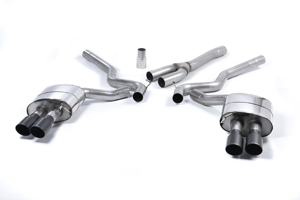 Milltek Sport exhaust system parts for 2015-2018 Ford Mustang 2.3 EcoBoost (part SSXFD177): pipework, silencers and black tailpipe tips
