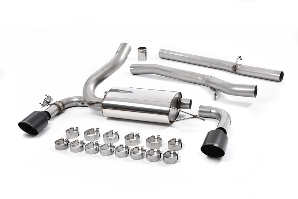 Milltek Sport exhaust system parts for 2016-2018 Ford Focus Mk3 RS 2.3-litre EcoBoost 4wd 5-Door Hatchback (part SSXFD184): pipework, silencers and black tailpipe tips