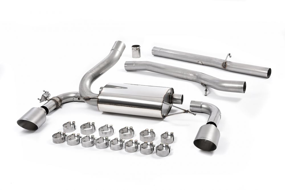 Milltek Sport exhaust system parts for 2016-2018 Ford Focus Mk3 RS 2.3-litre EcoBoost 4wd 5-Door Hatchback (part SSXFD185): pipework, silencers and black tailpipe tips