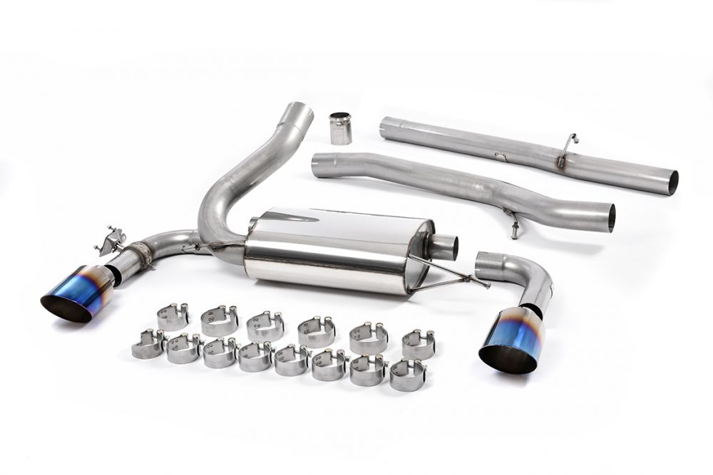 Milltek Sport exhaust system parts for 2016-2018 Ford Focus Mk3 RS 2.3-litre EcoBoost 4wd 5-Door Hatchback (part SSXFD186): pipework, silencers and burnt titanium blue tailpipe tips