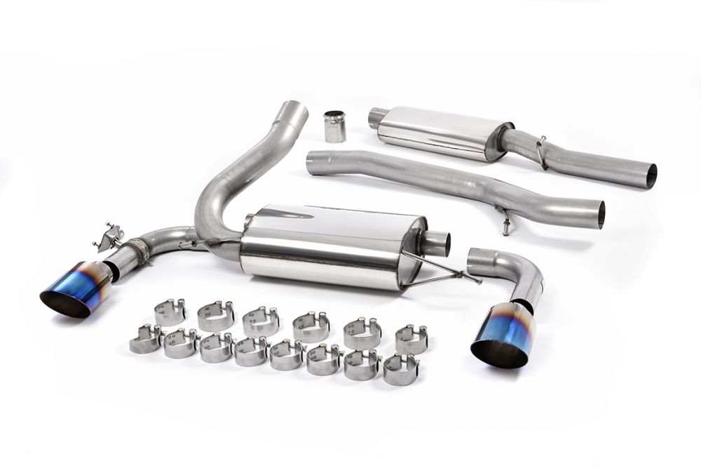 Milltek Sport exhaust system parts for 2016-2018 Ford Focus Mk3 RS 2.3-litre EcoBoost 4wd 5-Door Hatchback (part SSXFD187): pipework, silencers and burnt titanium blue tailpipe tips