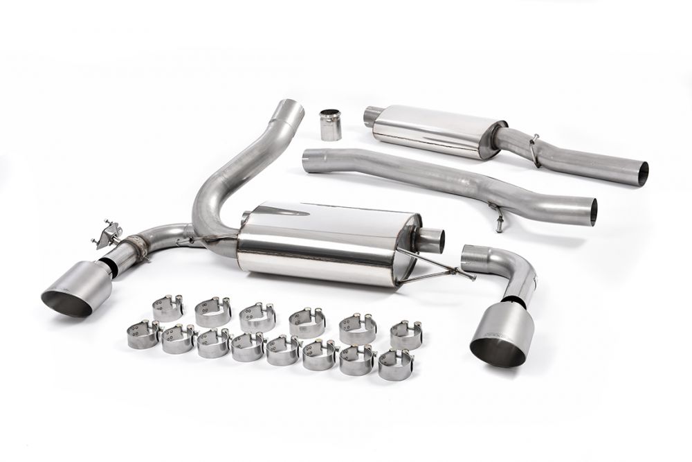 Milltek Sport exhaust system parts for 2016-2018 Ford Focus Mk3 RS 2.3-litre EcoBoost 4wd 5-Door Hatchback (part SSXFD188): pipework, silencers and black tailpipe tips