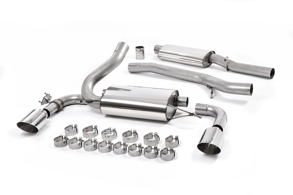 Milltek Sport exhaust system parts for 2016-2018 Ford Focus Mk3 RS 2.3-litre EcoBoost 4wd 5-Door Hatchback (part SSXFD190): pipework, silencers and black tailpipe tips