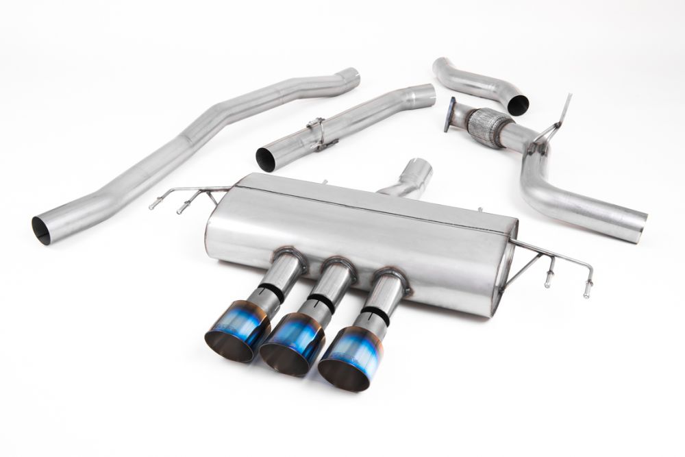Milltek Sport exhaust system parts for 2017-2022 Honda Civic Type R FK8 2.0 i-VTEC (part SSXHO253): pipework, silencers and burnt titanium blue tailpipe tips