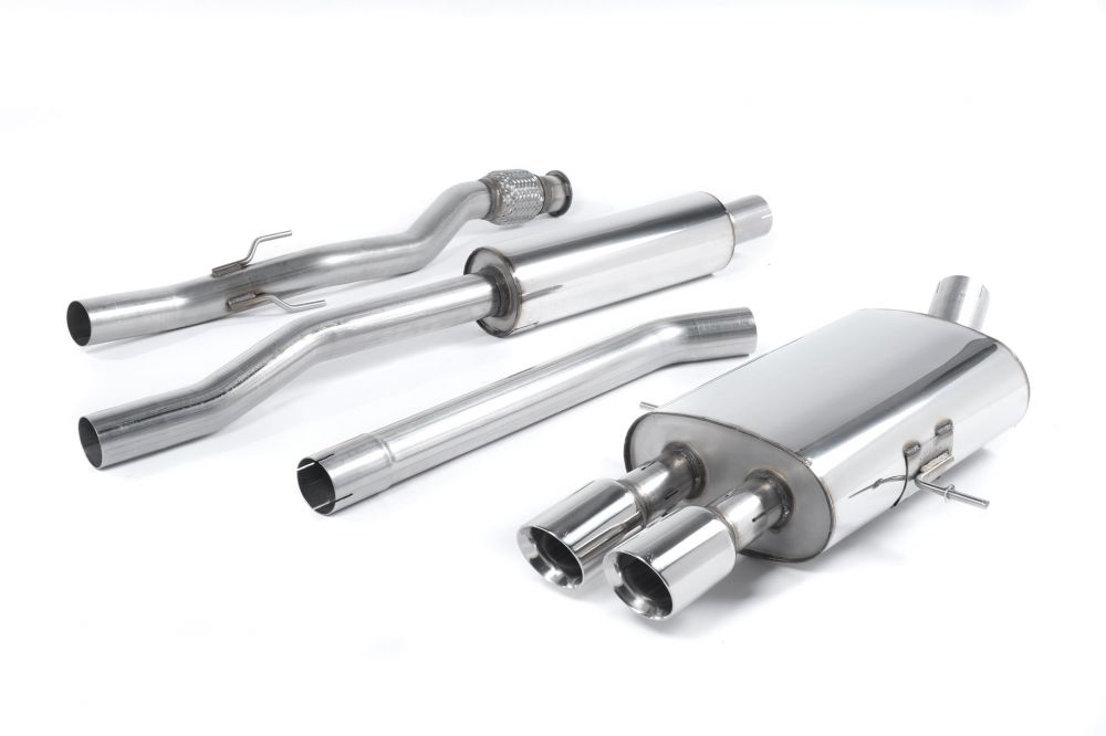 Milltek Sport exhaust system parts for 2006-2014 MINI Mk2 Cooper S 1.6i Turbo (part SSXM022): pipework, silencers and polished silver tailpipe tips
