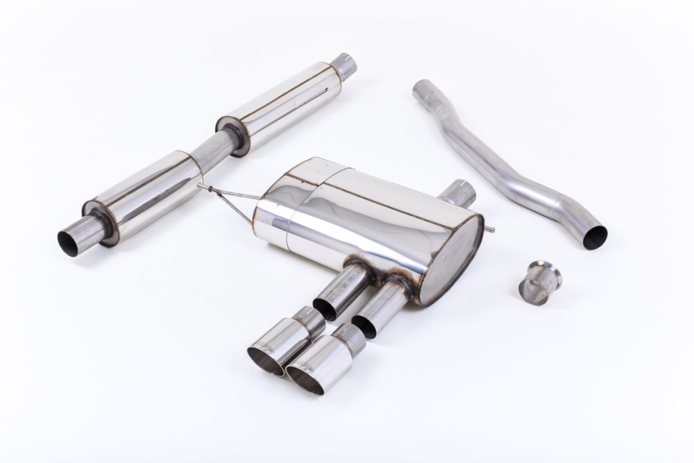 Milltek Sport exhaust system parts for 2014+ MINI Mk3 Mini Cooper S 2.0 Turbo (part SSXM413): pipework, silencers and polished silver tailpipe tips