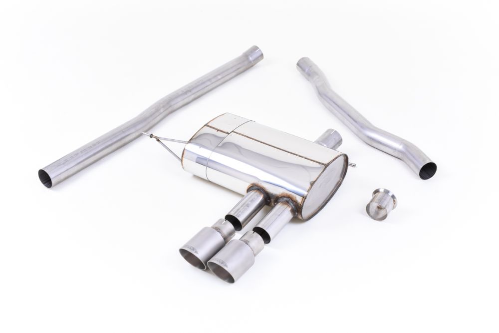 Milltek Sport exhaust system parts for 2014+ MINI Mk3 Mini Cooper S 2.0 Turbo (part SSXM424): pipework, silencers and polished silver tailpipe tips