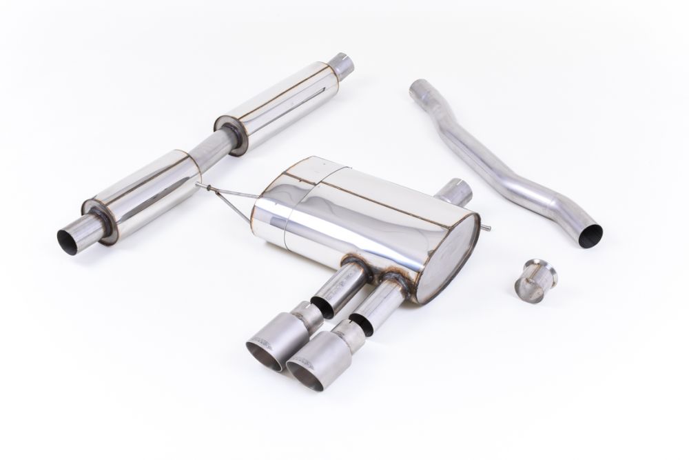 Milltek Sport exhaust system parts for 2014+ MINI Mk3 Mini Cooper S 2.0 Turbo (part SSXM425): pipework, silencers and polished silver tailpipe tips