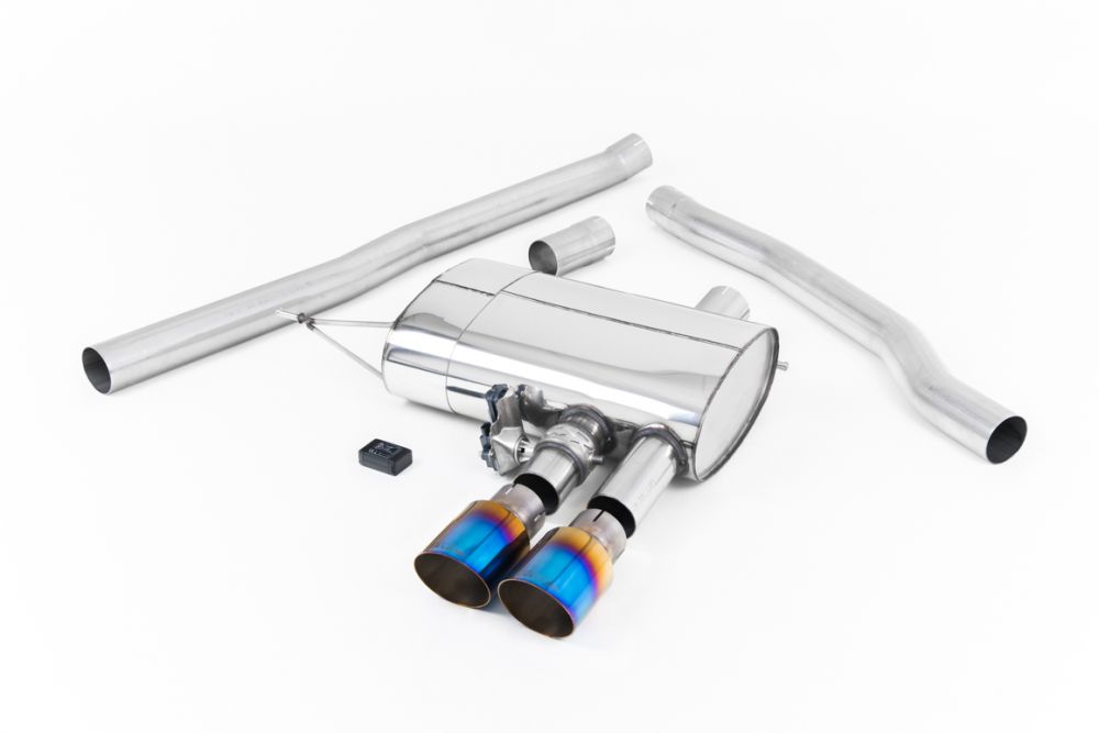 Milltek Sport exhaust system parts for 2014+ MINI Mk3 Mini Cooper S 2.0 Turbo (part SSXM441): pipework, silencers and burnt titanium blue tailpipe tips