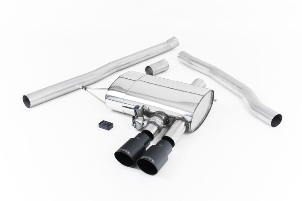 Milltek Sport exhaust system parts for 2014+ MINI Mk3 Mini Cooper S 2.0 Turbo (part SSXM443): pipework, silencers and black tailpipe tips