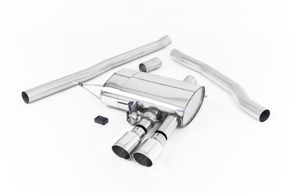 Milltek Sport exhaust system parts for 2014+ MINI Mk3 Mini Cooper S 2.0 Turbo (part SSXM444): pipework, silencers and polished silver tailpipe tips