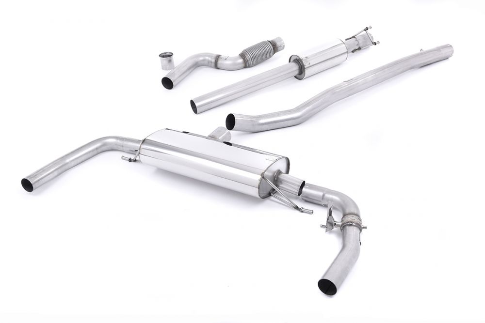 Milltek Sport exhaust system parts for 2013-2018 Mercedes-Benz CLA-Class CLA45 AMG 2.0 Turbo (part SSXMZ110): pipework, silencers and polished silver tailpipe tips