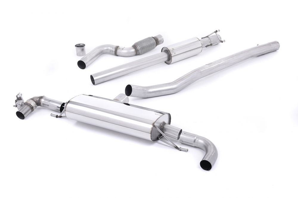 Milltek Sport exhaust system parts for 2012-2018 Mercedes-Benz A-Class A45 AMG 2.0 Turbo (part SSXMZ113): pipework, silencers and polished silver tailpipe tips