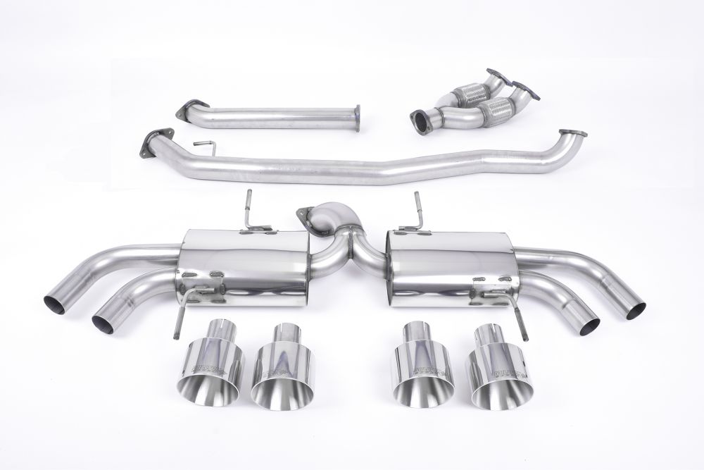 Milltek Sport exhaust system parts for 2009-2015 Nissan GT-R R35 (part SSXNI006): pipework, silencers and polished silver tailpipe tips
