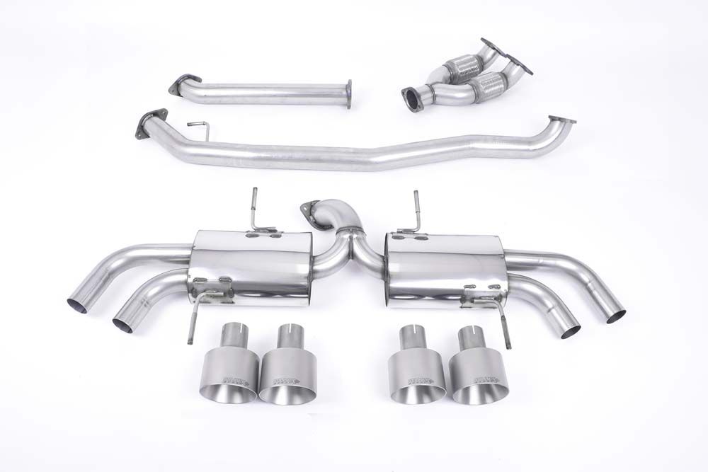 Milltek Sport exhaust system parts for 2009-2015 Nissan GT-R R35 (part SSXNI009): pipework, silencers and polished silver tailpipe tips