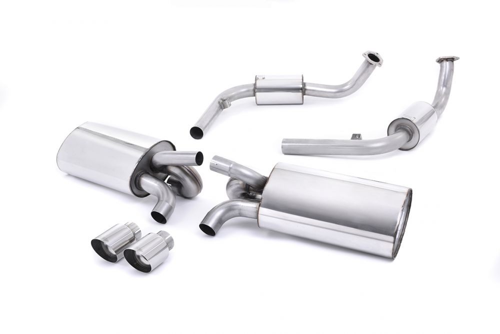 Milltek Sport exhaust system parts for 2009-2013 Porsche Cayman S 3.4 987 Gen2 (part SSXPO114): pipework, silencers and black tailpipe tips