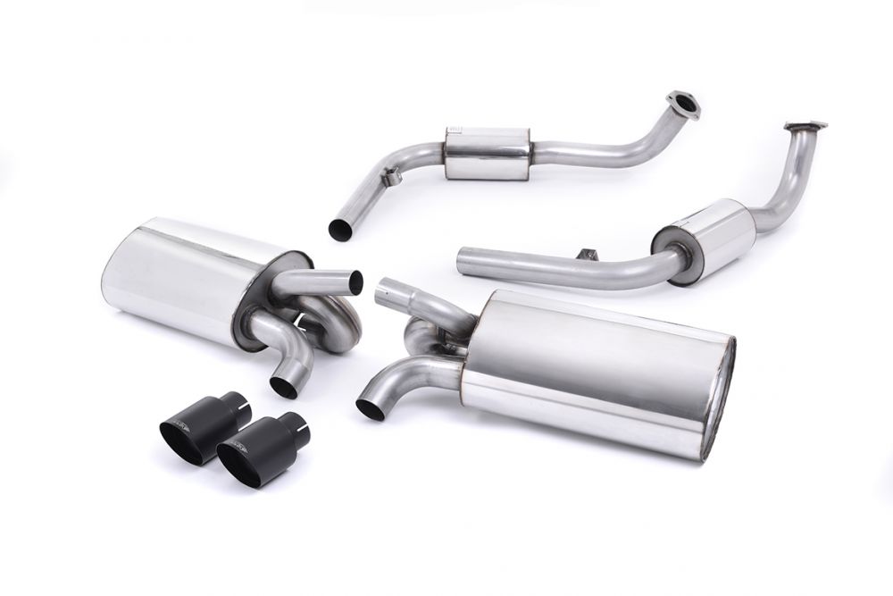 Milltek Sport exhaust system parts for 2009-2013 Porsche Cayman S 3.4 987 Gen2 (part SSXPO117): pipework, silencers and black tailpipe tips