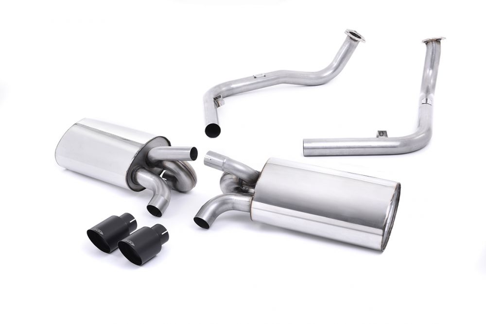 Milltek Sport exhaust system parts for 2004-2009 Porsche Boxster S 3.2 987 Gen1 (part SSXPO121): pipework, silencers and black tailpipe tips