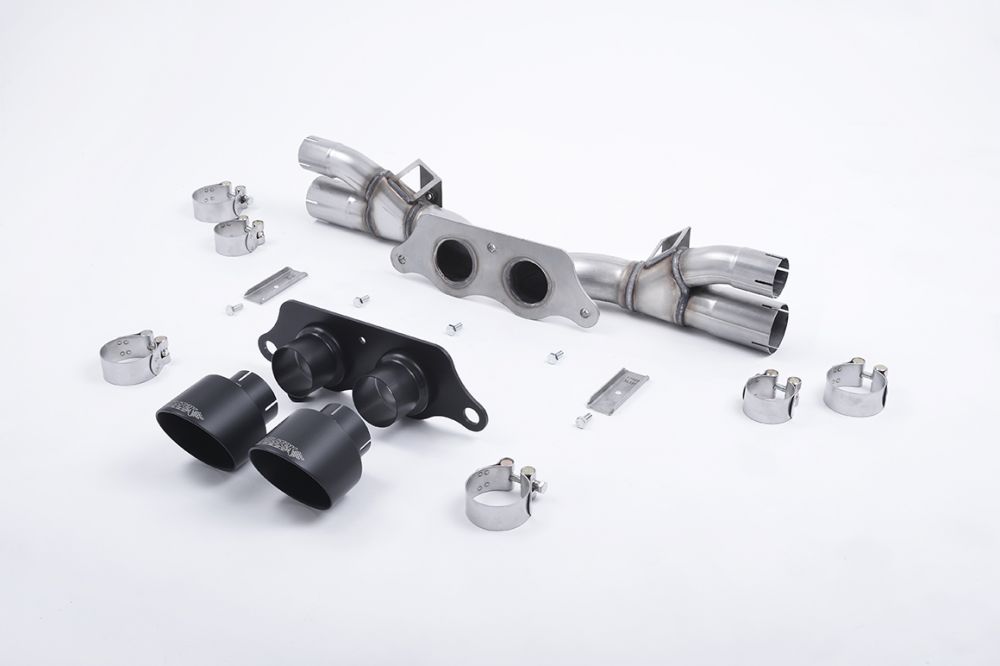 Milltek Sport exhaust system parts for 2013-2017 Porsche 911 991.1 GT3 & GT3 RS (part SSXPO127): pipework, silencers and black tailpipe tips