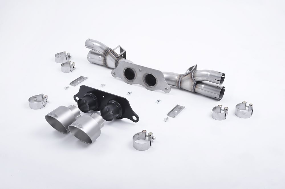 Milltek Sport exhaust system parts for 2013-2017 Porsche 911 991.1 GT3 & GT3 RS (part SSXPO128): pipework, silencers and black tailpipe tips