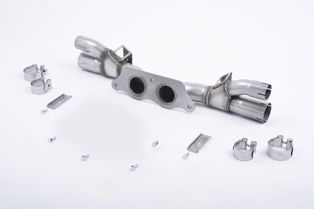 Milltek Sport exhaust system parts for 2013-2017 Porsche 911 991.1 GT3 & GT3 RS (part SSXPO129): pipework, silencers and polished silver tailpipe tips
