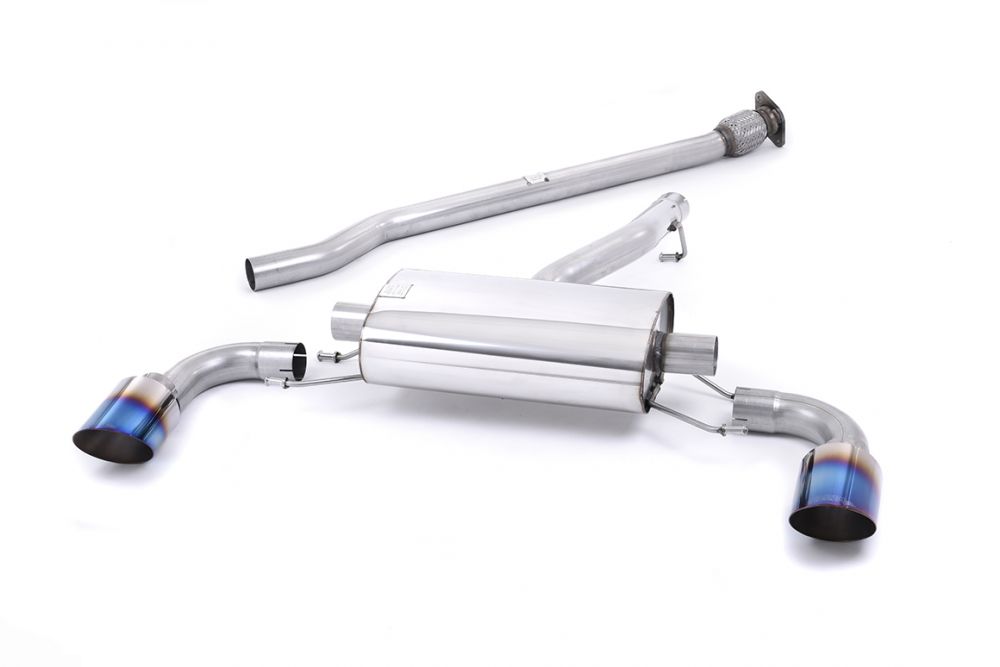 Milltek Sport exhaust system parts for 2012-2021 Toyota GT86 2.0 litre (part SSXSB035): pipework, silencers and burnt titanium blue tailpipe tips