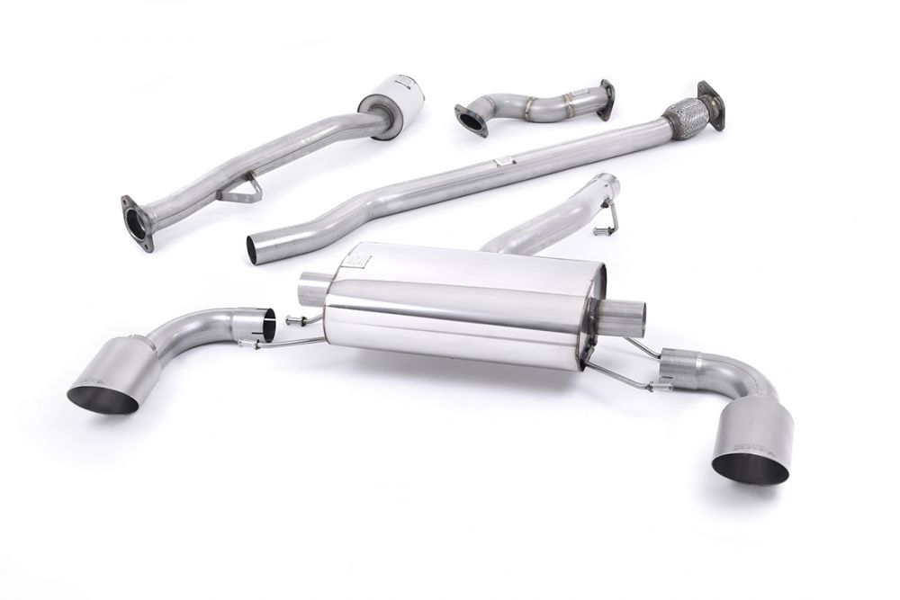 Milltek Sport exhaust system parts for 2012-2021 Toyota GT86 2.0 litre (part SSXSB038): pipework, silencers and polished silver tailpipe tips