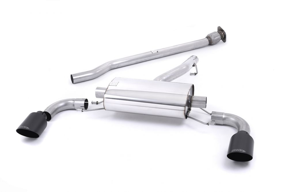 Milltek Sport exhaust system parts for 2012-2021 Toyota GT86 2.0 litre (part SSXSB042): pipework, silencers and black tailpipe tips
