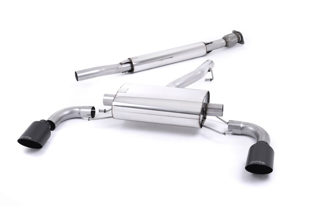 Milltek Sport exhaust system parts for 2012-2021 Subaru BRZ 2.0-litre (part SSXSB043): pipework, silencers and black tailpipe tips