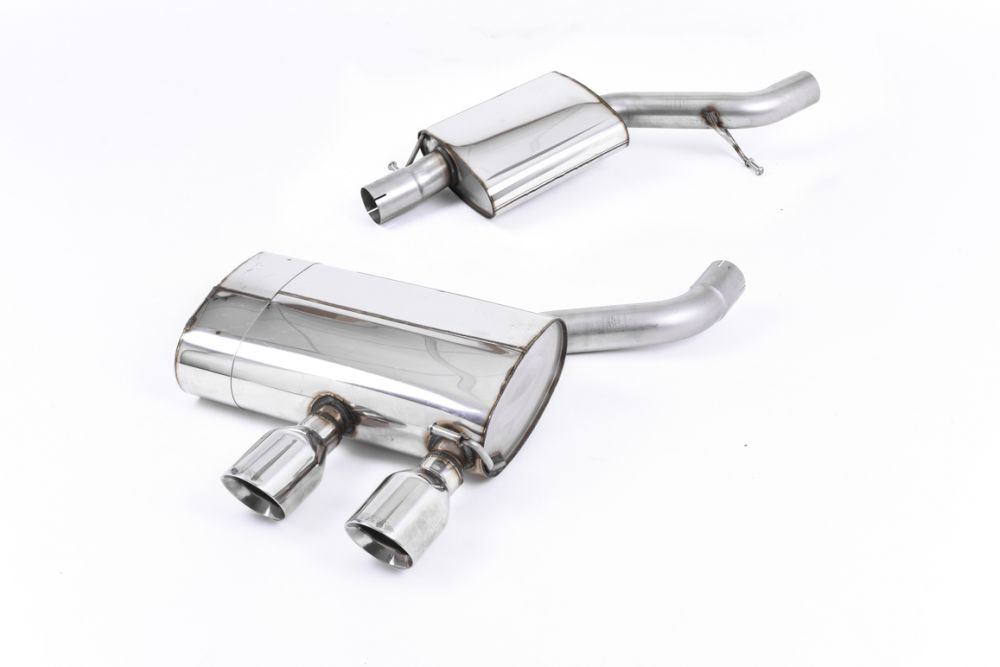 Milltek Sport exhaust system parts for 2005-2009 Volkswagen Golf MK5 R32 3.2 V6 (part SSXVW134): pipework, silencers and polished silver tailpipe tips