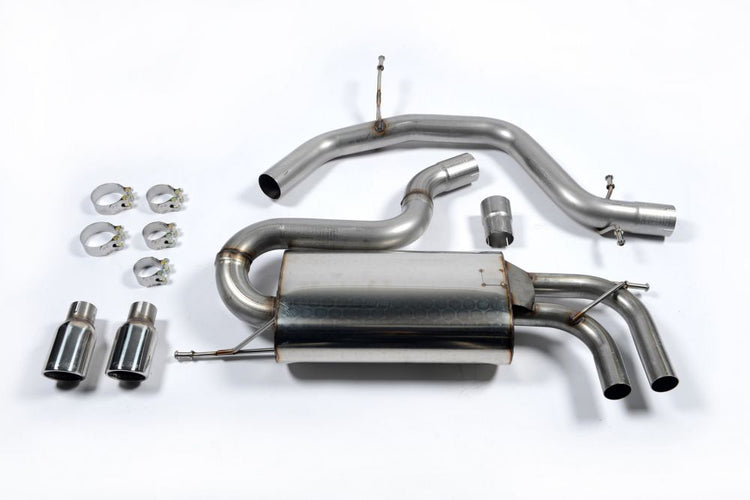 A front view of Milltek Non-Resonated (Louder) Cat-Back Exhaust System Twin Jet Polished Tips Audi A3 8P 2003-2012 with white background