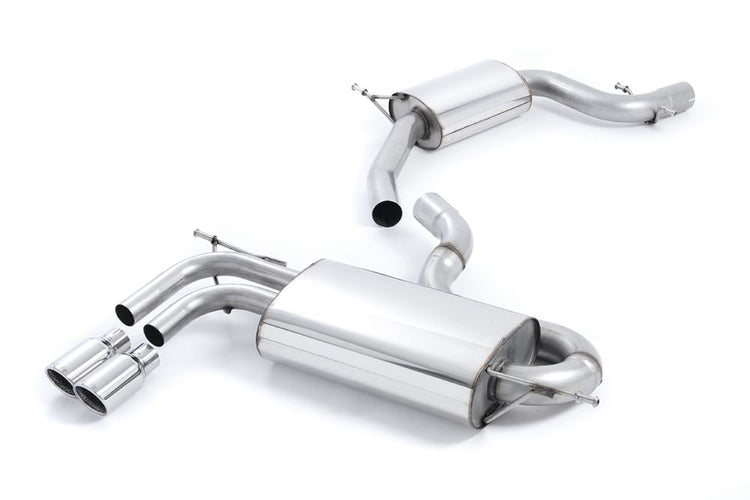 A front view of Milltek Resonated (Quieter) Cat-Back Exhaust System Polished Tips SEAT Leon 1P 2005-2012 with white background