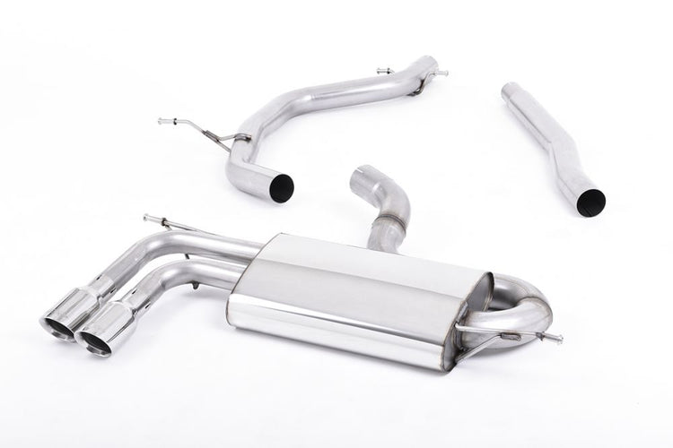 A front view of Milltek Non-Resonated (Louder) Cat-Back Exhaust System Polished Tips Audi A3 8P 1.8 TSI 2WD 3 Door 2003-2012 with white background