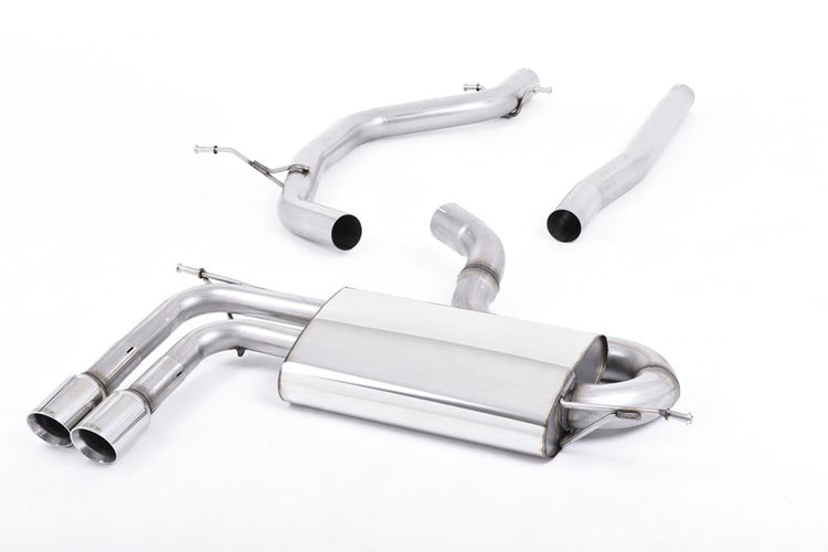 A front view of Milltek Non-Resonated DPF-Back Exhaust System Polished Tips Volkswagen Scirocco 2008-2017 with white background