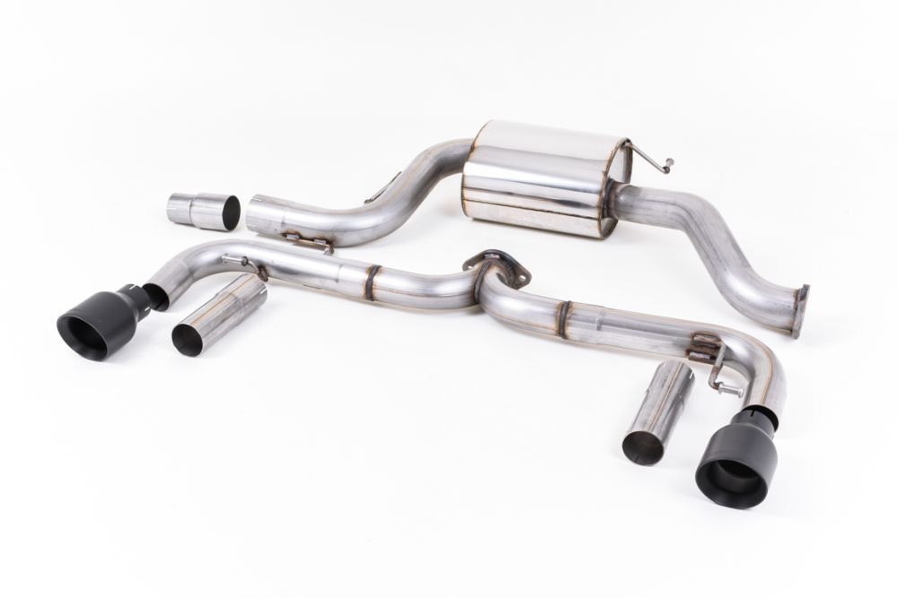 Milltek Sport exhaust system parts for 2011-2015 Volkswagen Beetle 2.0 TSI (part SSXVW342): pipework, silencers and black tailpipe tips