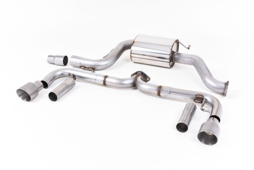 Milltek Sport exhaust system parts for 2011-2015 Volkswagen Beetle 2.0 TSI (part SSXVW344): pipework, silencers and polished silver tailpipe tips