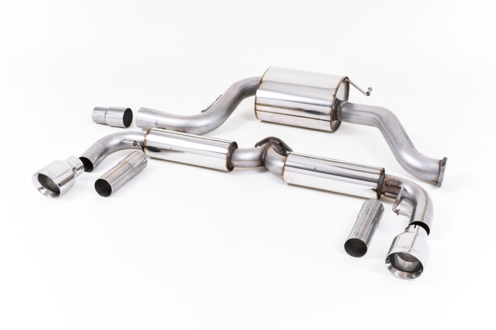 Milltek Sport exhaust system parts for 2011-2015 Volkswagen Beetle 2.0 TSI (part SSXVW346): pipework, silencers and polished silver tailpipe tips