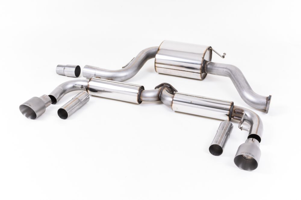 Milltek Sport exhaust system parts for 2011-2015 Volkswagen Beetle 2.0 TSI (part SSXVW347): pipework, silencers and polished silver tailpipe tips