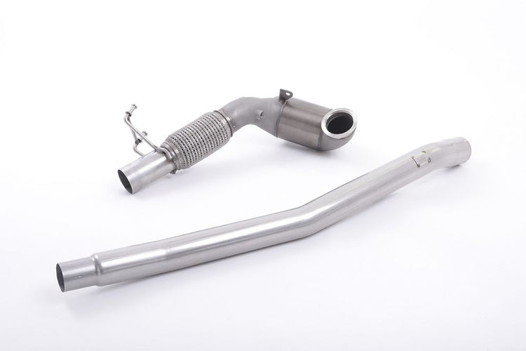 A front view of Milltek 3" Large Bore Downpipe w/ Hi-Flow Sports Catalyst for OE Catback Volkswagen Golf Mk7 / Mk7.5 2013-2020 with white background
