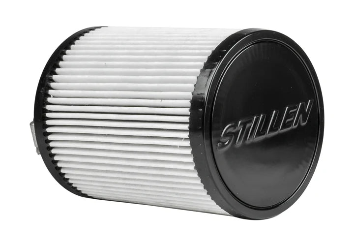 Close-up side shot of Stillen Dual Hi Flow Ultra Long Tube Air Intake (Gen 3) [Z34] - Dry Filter for Nissan 370Z 2009-2020 with white background

