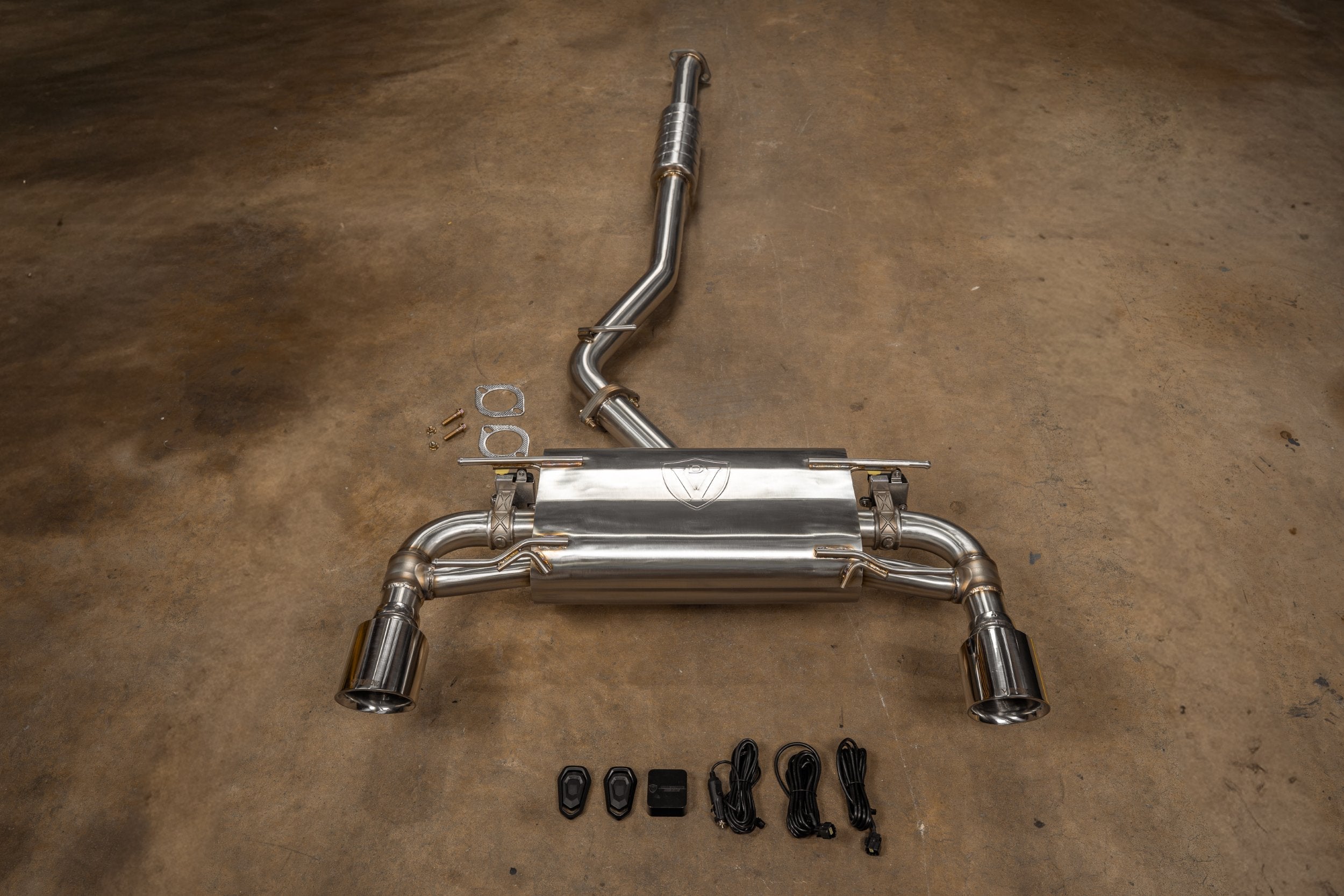 Front view of SHUTO rear muffler and dual outlets with resonated mid-pipe