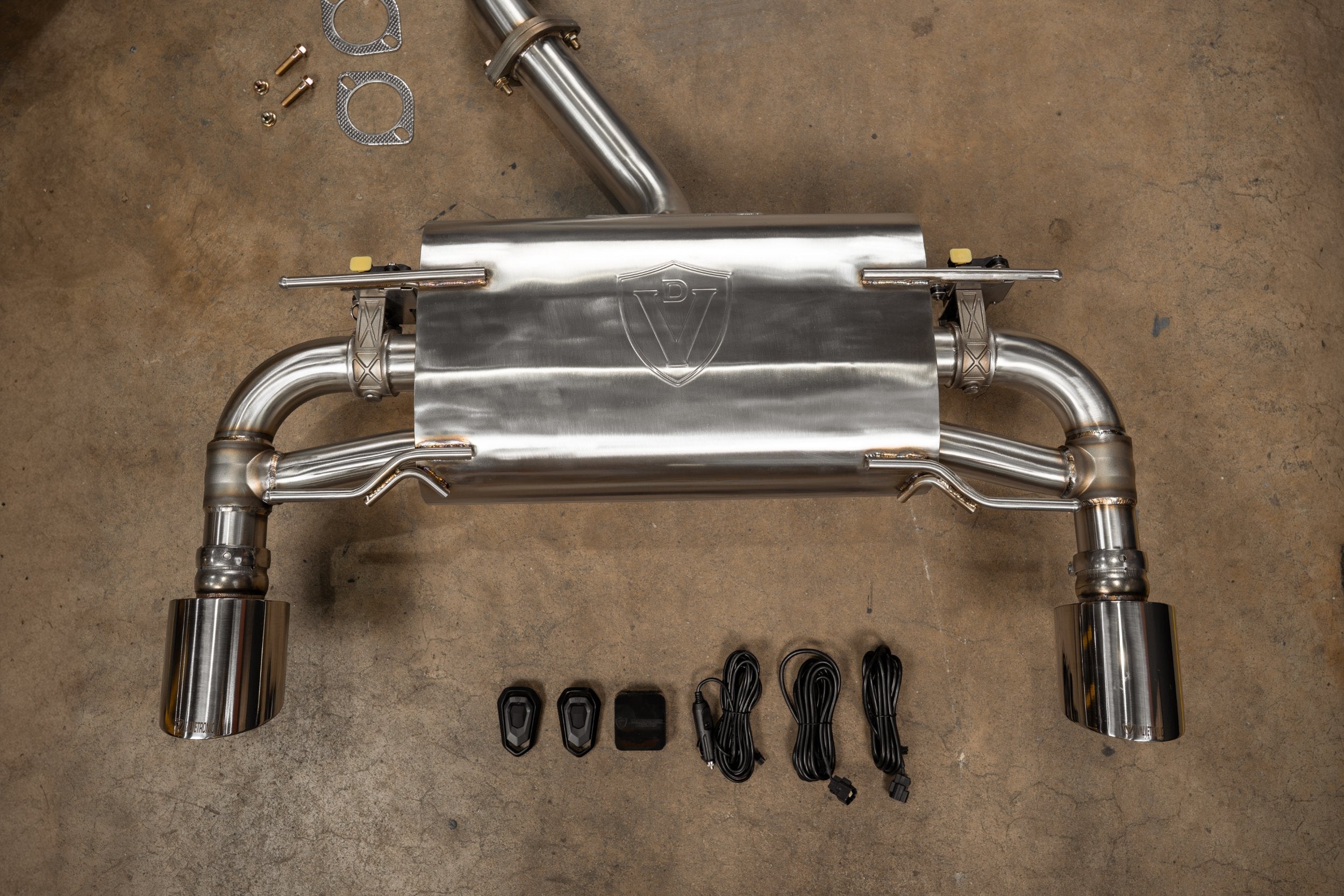 SHUTO rear muffler showing two valve actuators and polished outlet sleeves