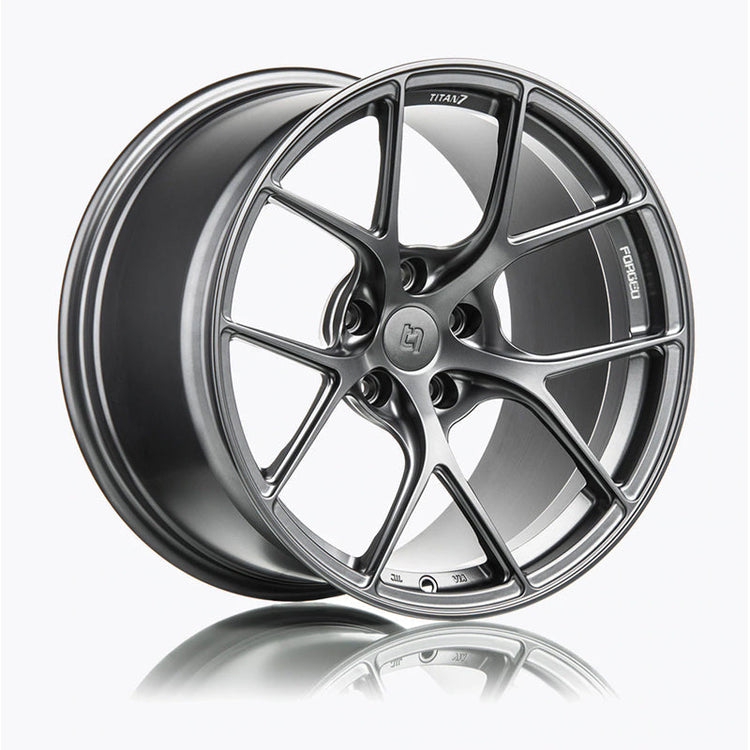 A side view of Titan 7 T-S5 Forged Split 5 Spoke JDM Wheels in Satin Titanium for HYUNDAI VELOSTER N 2019-2022