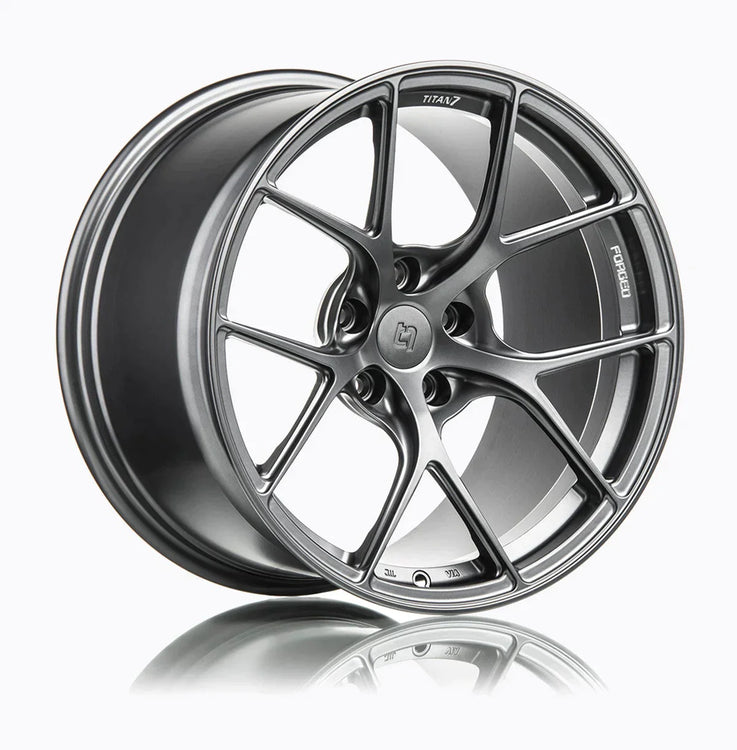 A side view of Titan 7 T-S5 Forged Split 5 Spoke Domestic Wheels in Satin Titanium for CHEVROLET 19" CORVETTE C7 2014-2019