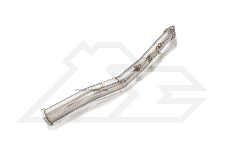 A top view of Fi EXHAUST Valvetronic Cat-Back System for Toyota ZN8 GR86 2022+ downpipe with white background