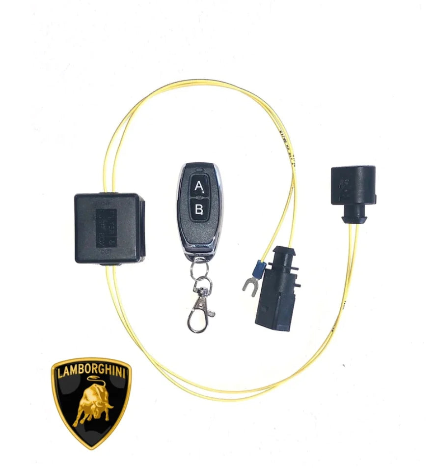 A view of Valvetronic Designs Valved Sport Exhaust System's valve controller and wire with a white background (for Lamborghini Huracan).