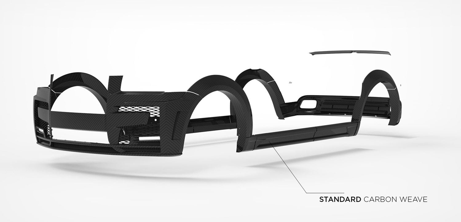 Cullinan body kit components in standard carbon, layout
