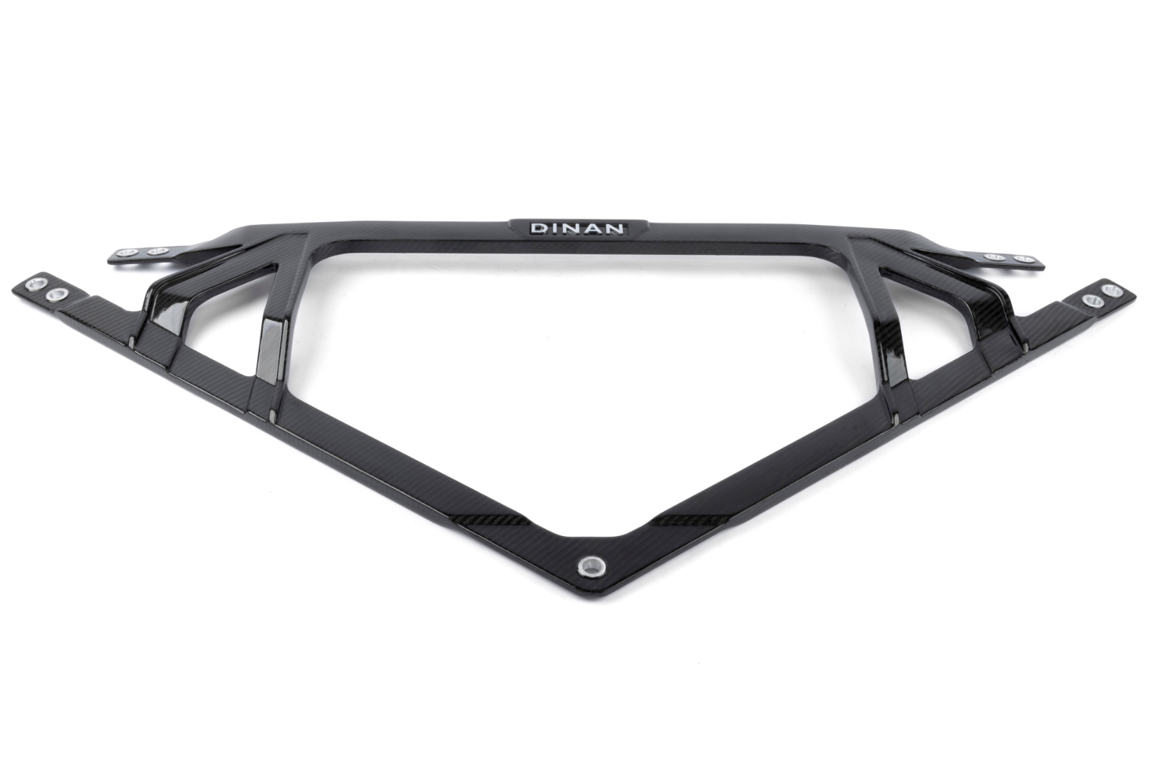 A top wide view of Dinan Carbon Fiber Strut Tower Brace for BMW M2 / M3 / M4 2021-2025 in gloss material with white background