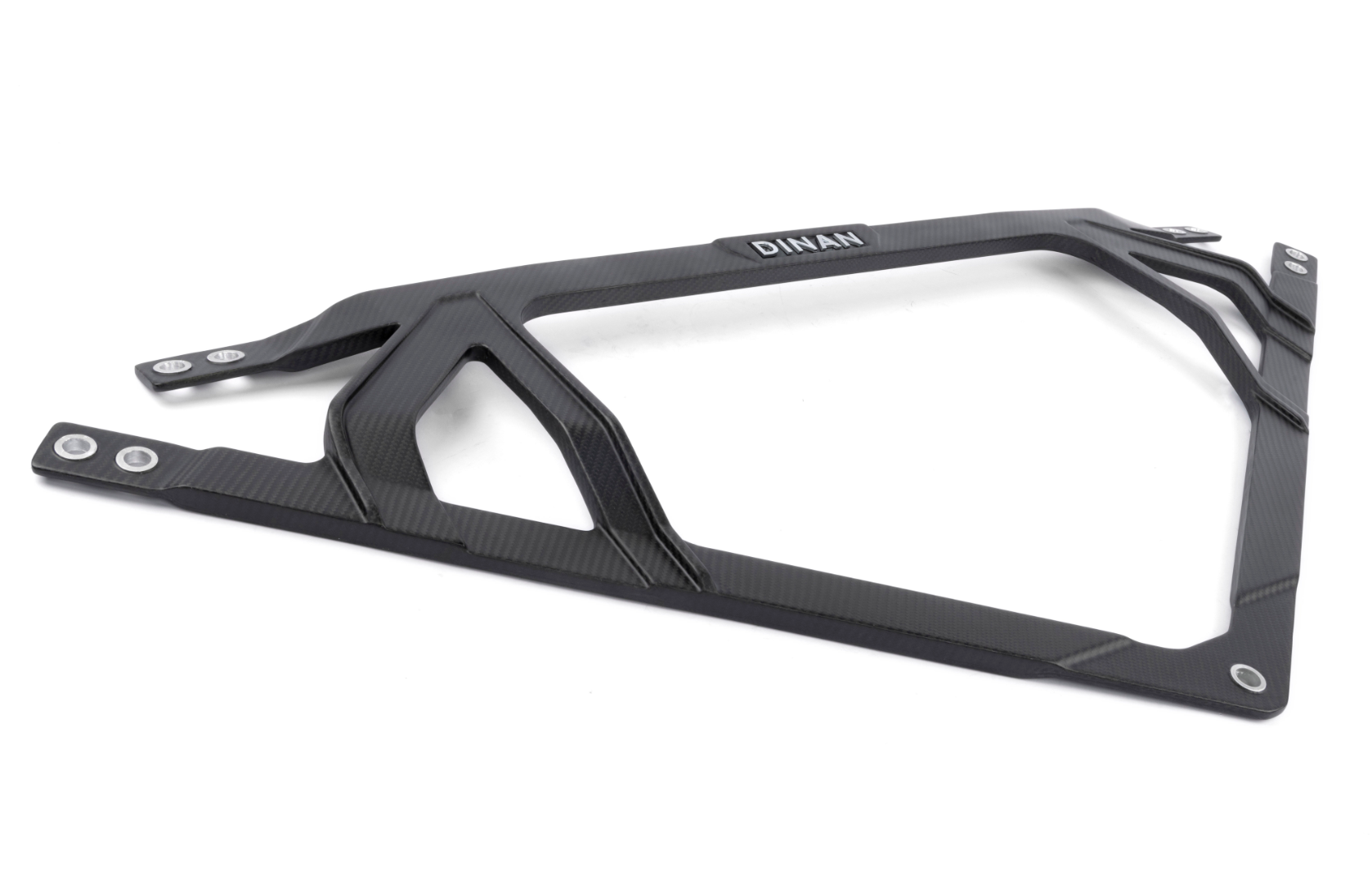 A top view of Dinan Carbon Fiber Strut Tower Brace for BMW M2 / M3 / M4 2021-2025 in matte material with white background